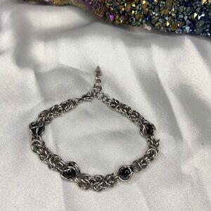 Genuine black onyx gemstone silver stainless steel chainmail bracelet